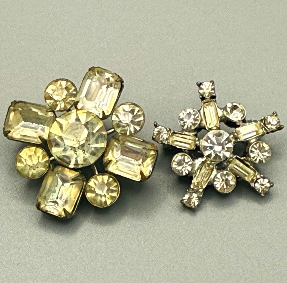 Vtg Mid Century Clear Yellowed Rhinestone Scatter Brooch Pin Lot of 2